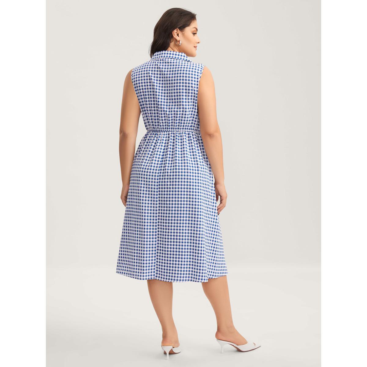Plus Size Plaid Print Button Pockets Midi Dress Mediumblue Women Suit Collar Sleeveless Curvy BloomChic 18-20/2X Product Image