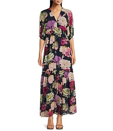 Taylor Womens Printed Cambria Smocked-Waist Dress - Navy Product Image