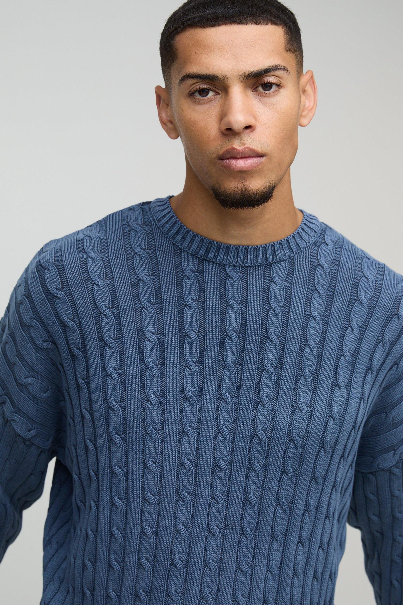 Oversized Boxy Cable Knit Acid Wash Knitted Sweater | boohooMAN USA Product Image