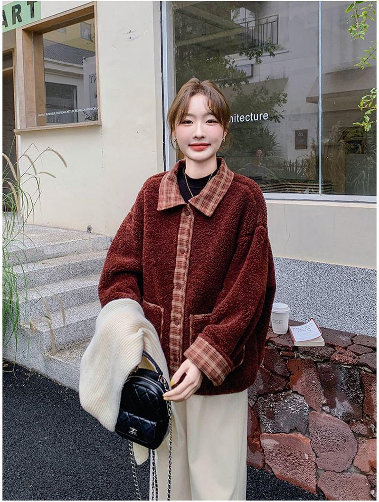 Plaid Trim Fleece Button-Up Jacket Product Image