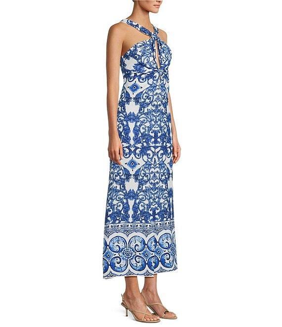 Antonio Melani Bronwyn Blue Tile Print Linen Blend Halter Neck A-Line Maxi Dress Product Image