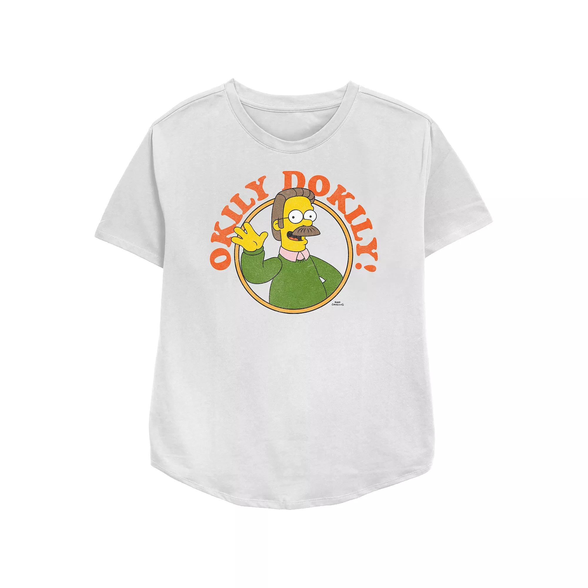 Women's The Simpsons Ned Okily Dokily Relaxed Fit Graphic Tee, Girl's, Size: Small, White Product Image