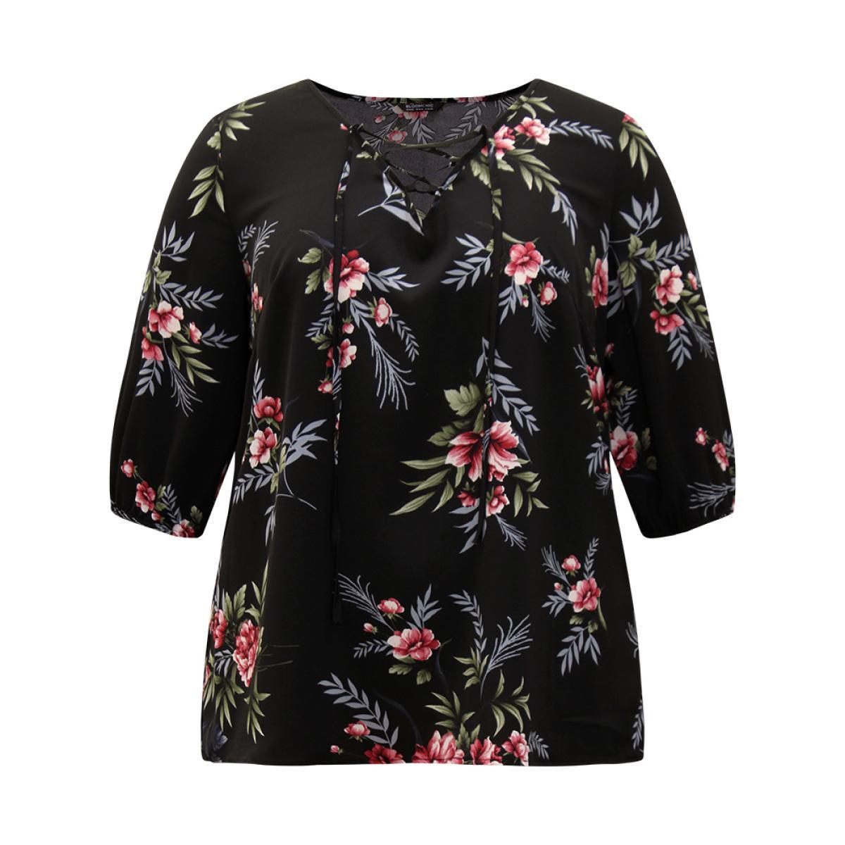 Plus Size Black Floral Print Lace Up Lantern Sleeve Blouse Women Elegant Half Sleeve V-neck Dailywear Blouses BloomChic 30/6X Product Image