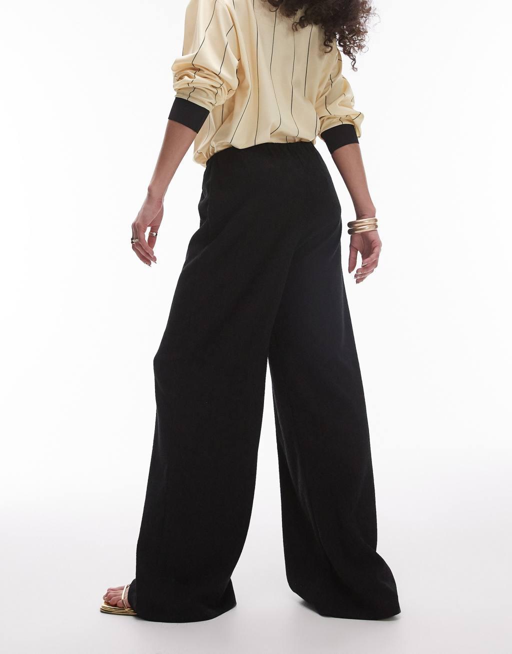 Topshop oversized crinkle drawstring straight leg pants in black Product Image