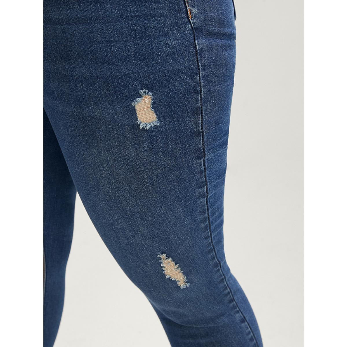 Plus Size Skinny Moderately Stretchy High Rise Dark Wash Distressed Ankle Jeans Women Indigo Casual Plain Zipper Medium stretch Pocket Jeans BloomChic 18/2X Product Image