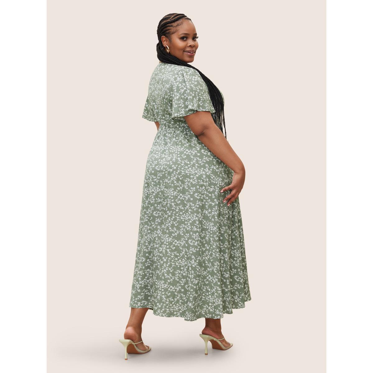 Ditsy Floral Printed Vintage Plus Size Women Vacation Long Dress Ruffle Sleeve Half Sleeve V Neck Pocket Elegance Dresses BloomChic Product Image