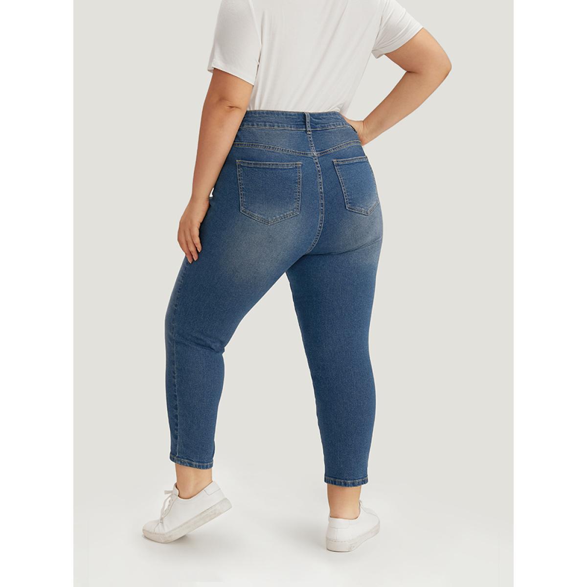 Plus Size Plain Button Fly High Rise Medium Wash Jeans Women Blue Casual Plain Plain High stretch Pocket Jeans BloomChic 16/1X Product Image
