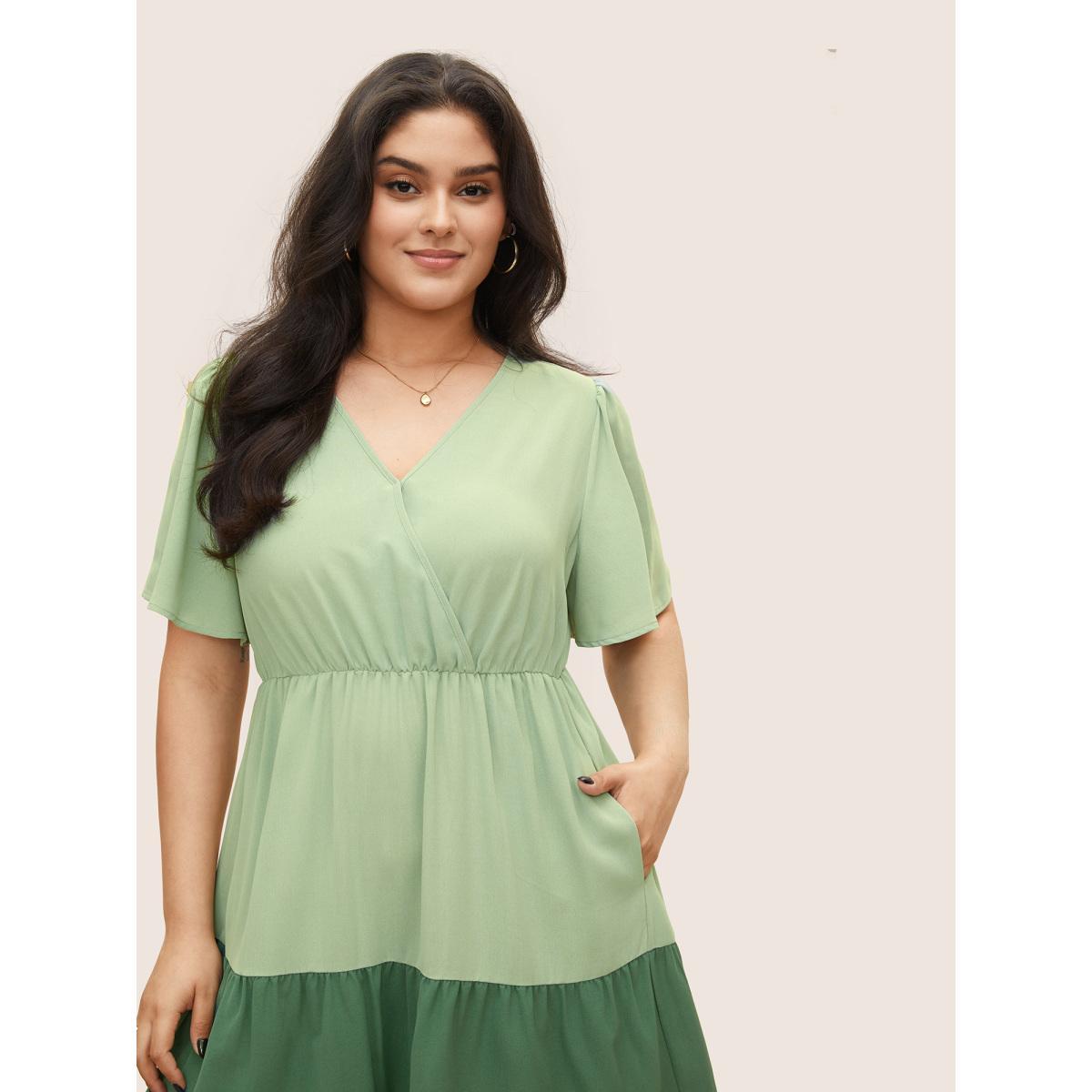 Plus Size Colorblock Contrast Wrap Elastic Waist Pocket Dress Mint Women Casual Non Overlap Collar Short sleeve Curvy Midi Dress BloomChic 14-16/1X Product Image