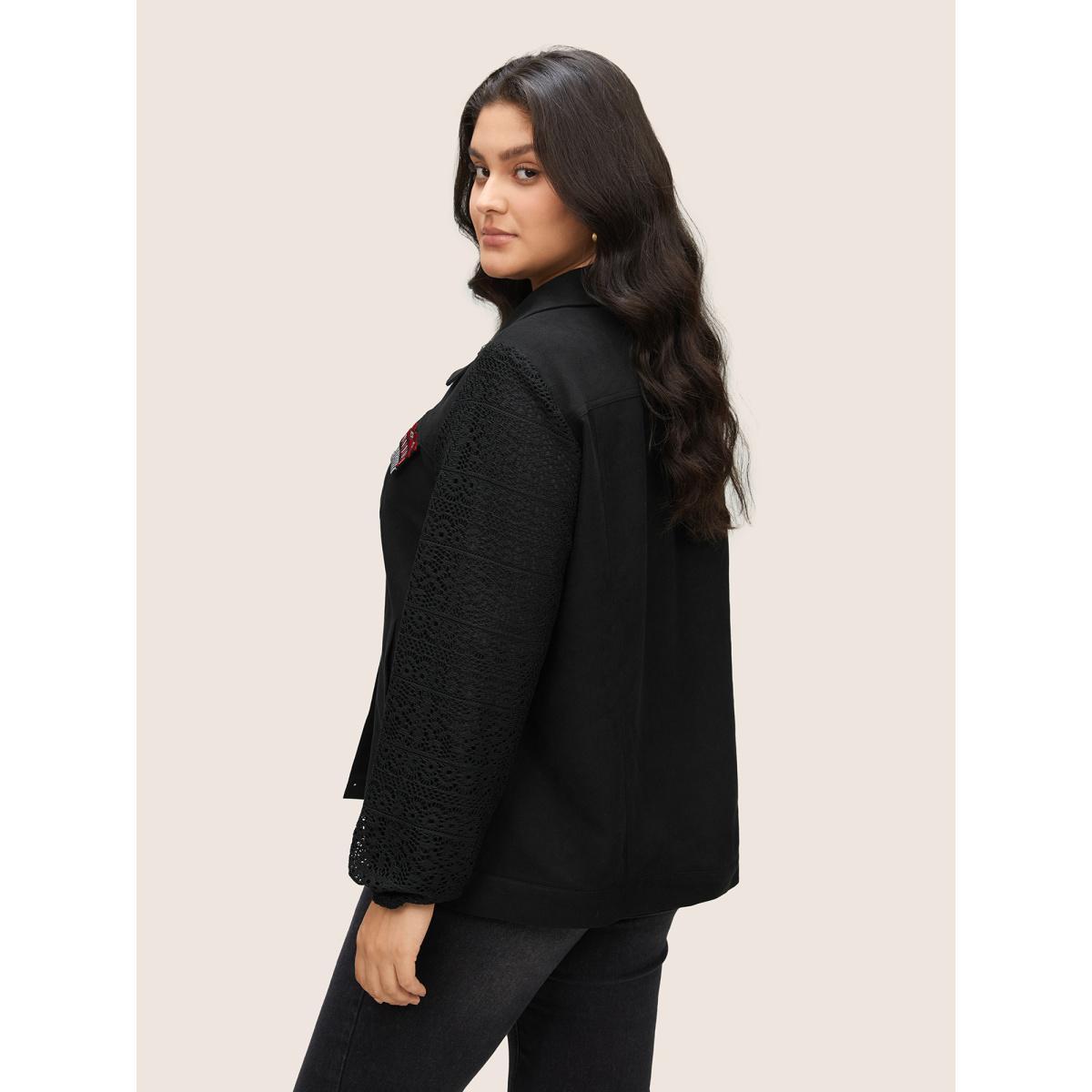 Plus Size Patchwork Embroidered Flap Detail Jacket Women Black Non Slanted pocket Everyday Jackets BloomChic 30/6X Product Image