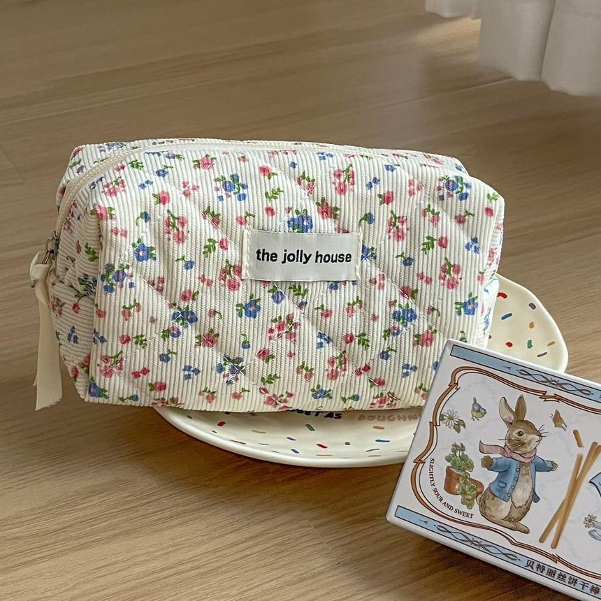 Floral Print Corduroy Pouch / Makeup Bag / Clutch Product Image