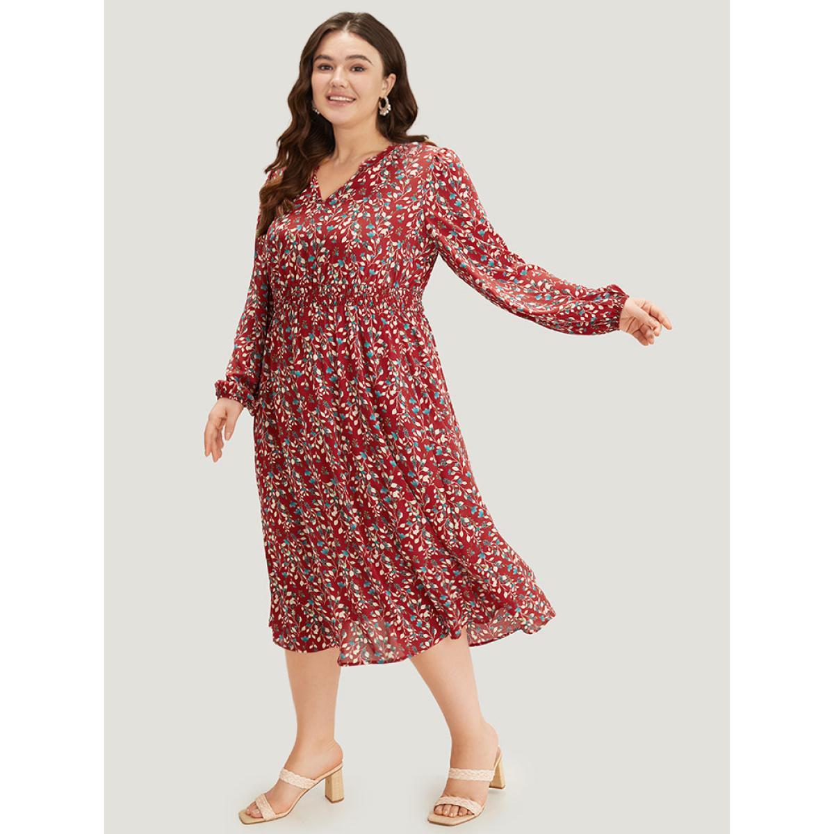 Plus Size Ditsy Floral Pocket Shirred Notched Dress Crimson Women Elegant Elastic cuffs Notched collar Long Sleeve Curvy Midi Dress BloomChic 22-24/3X Product Image