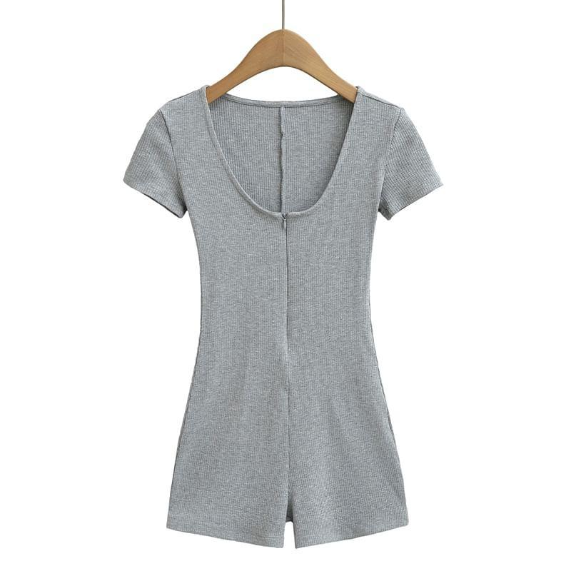 Short-Sleeve Scoop Neck Half-Zip Plain Romper Product Image