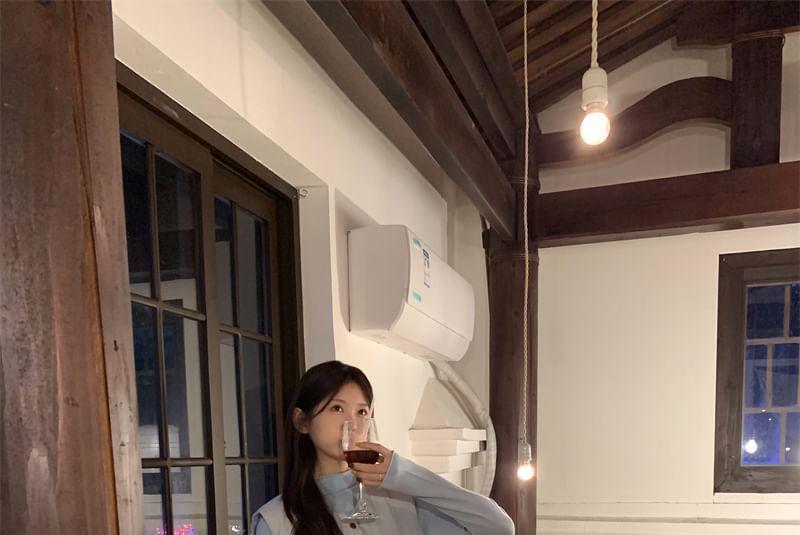 Long-Sleeve Mock Neck Plain Slim Fit T-Shirt / Padded Button Vest / Elastic Waist Midi A-Line Skirt Product Image