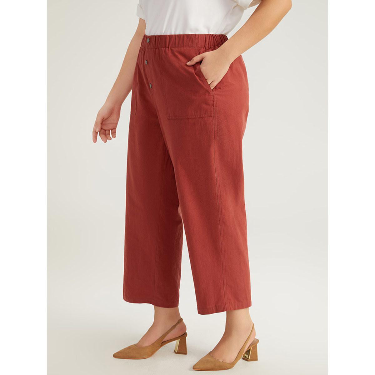 Plus Size Plain Button Up Pocket Straight High Rise Leg Pants Women Russet Casual Straight Leg High Rise Everyday Pants BloomChic 10/M Product Image