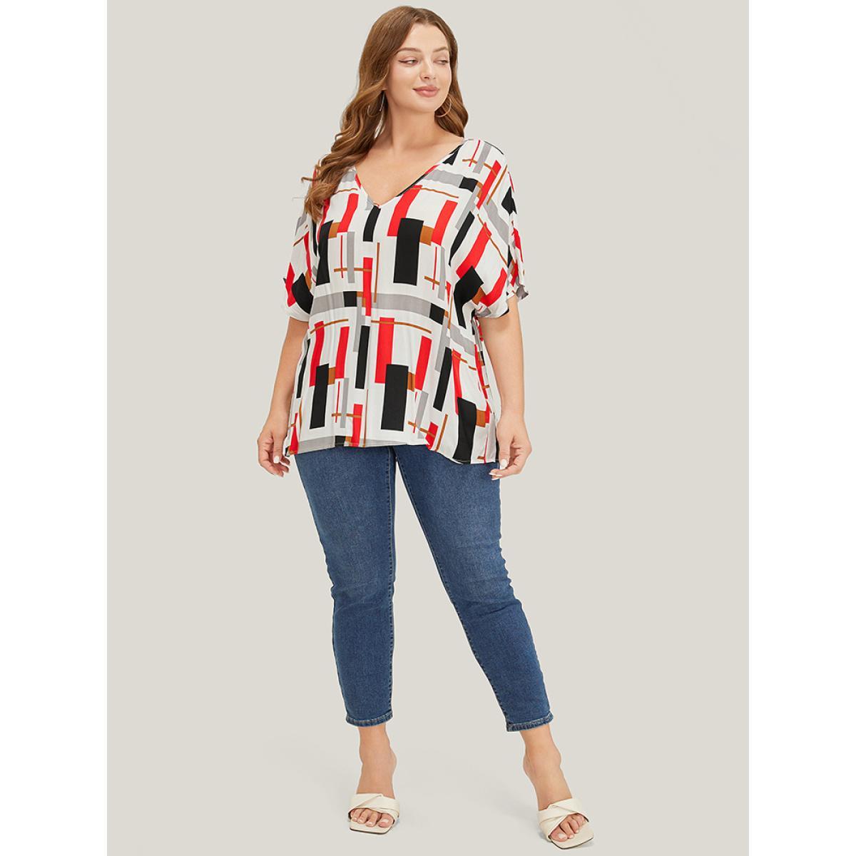 Plus Size Multicolor Geometric Contrast Dolman Sleeve Blouse Women Casual Short sleeve V-neck Dailywear Blouses BloomChic 30/6X Product Image