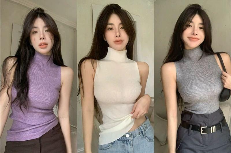 Mock Neck Plain Ribbed Knit Tank Top Product Image