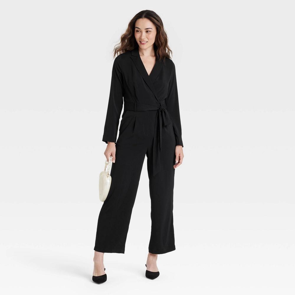 Womens Long Sleeve Wrap Front Jumpsuit - A New Day Black Product Image