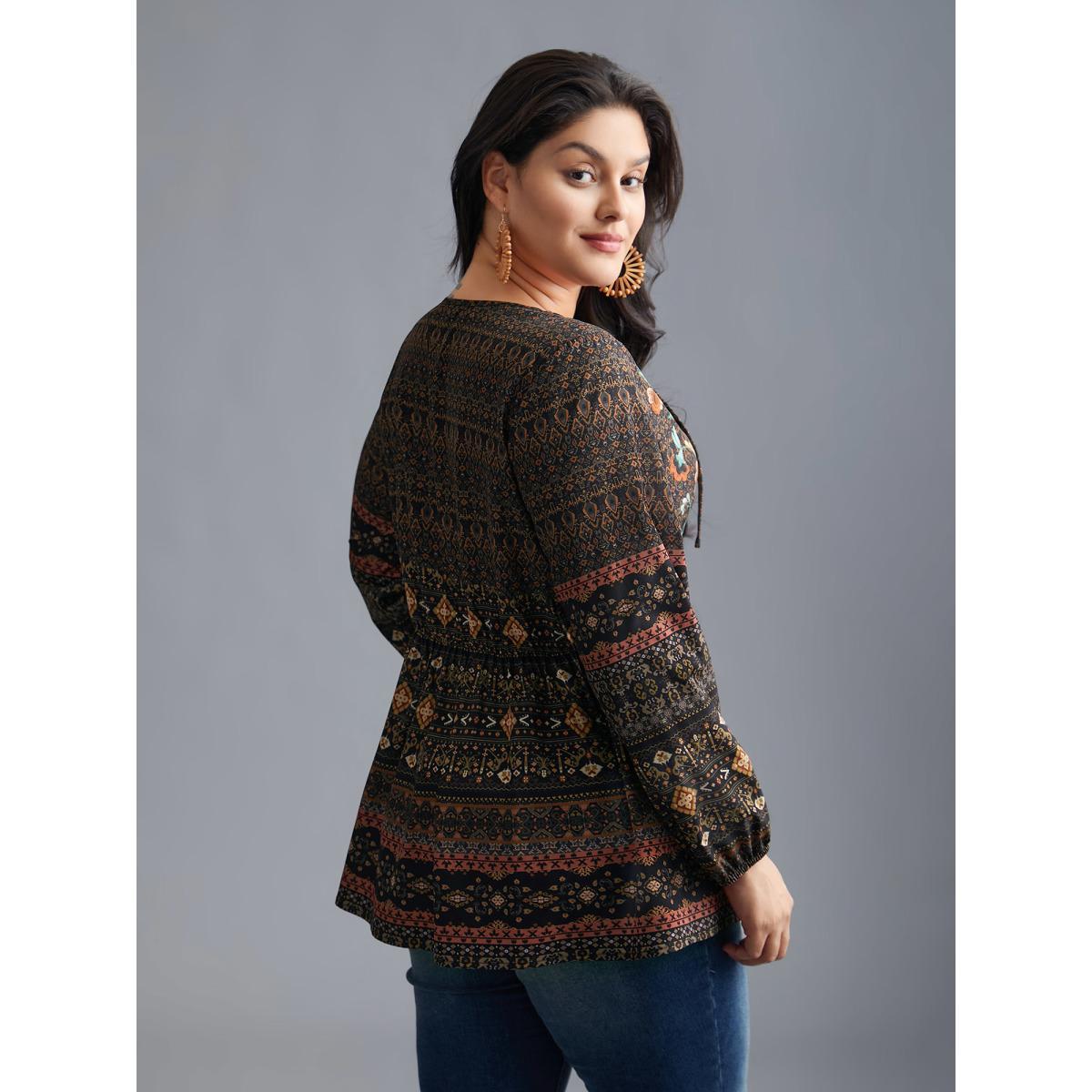 Plus Size DarkBrown Floral Bandana Crisscross Blouse Women Resort Extra Long Sleeve V-neck Vacation Blouses BloomChic 12/L Product Image