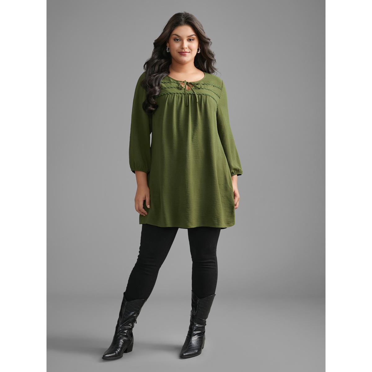 Plus Size ArmyGreen Woven Ribbon Tie Knot Gathered Blouse Women Elegant Elbow-length sleeve V-neck Everyday Blouses BloomChic 12/L Product Image