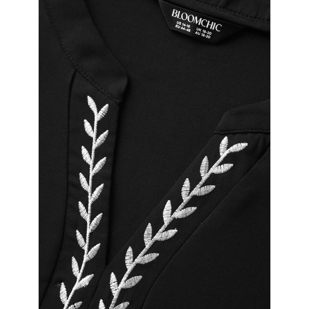 Plus Size Black Notched Collar Embroidered Ruffled Blouse Women Half Sleeve Flat collar with V-notch Everyday-Elegant Blouses BloomChic 12/L Product Image