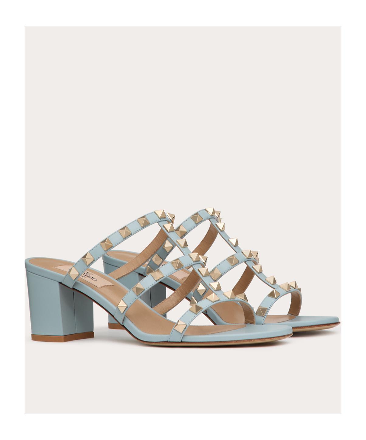 VALENTINO GARAVANI Rockstud Calfskin Leather Slide Sandal 60 Mm Woman Azure 41 Product Image