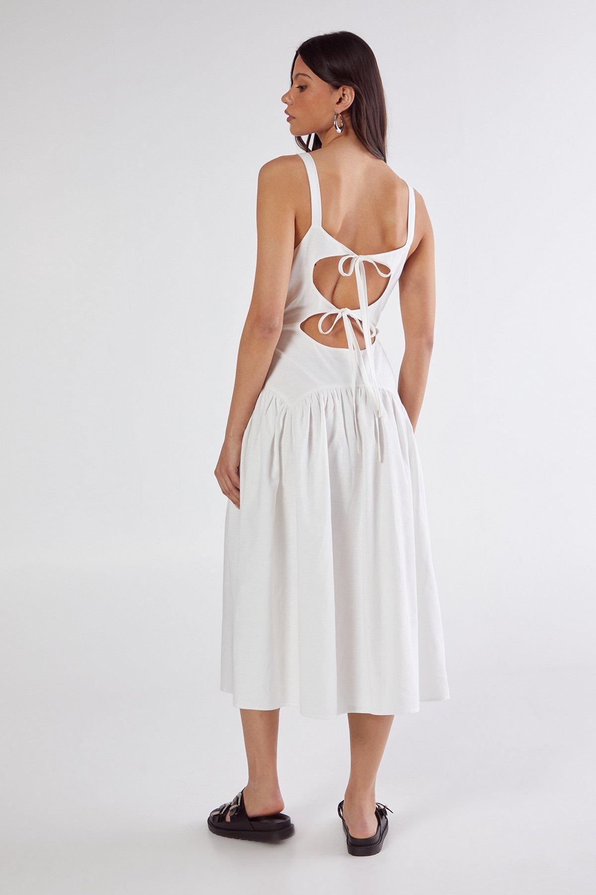 Linen Mix Drop Waist Seamed Midi Dress Product Image