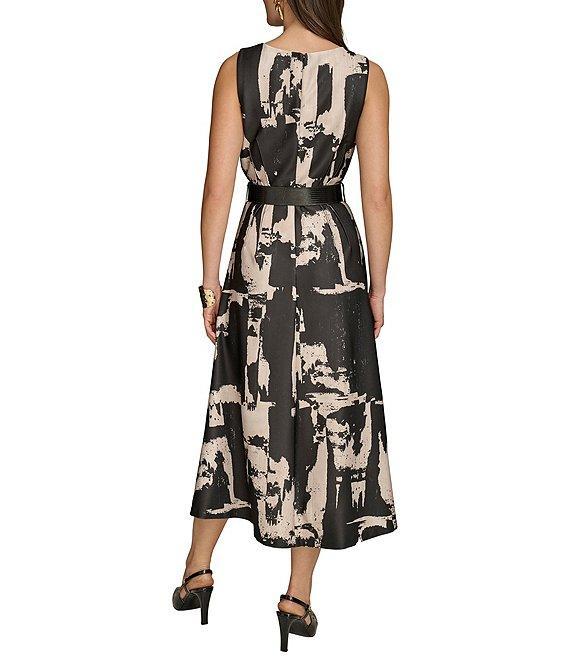 Donna Karan Abstract Print Crew Neck Sleeveless Belted Scuba A-Line Midi Dress Product Image