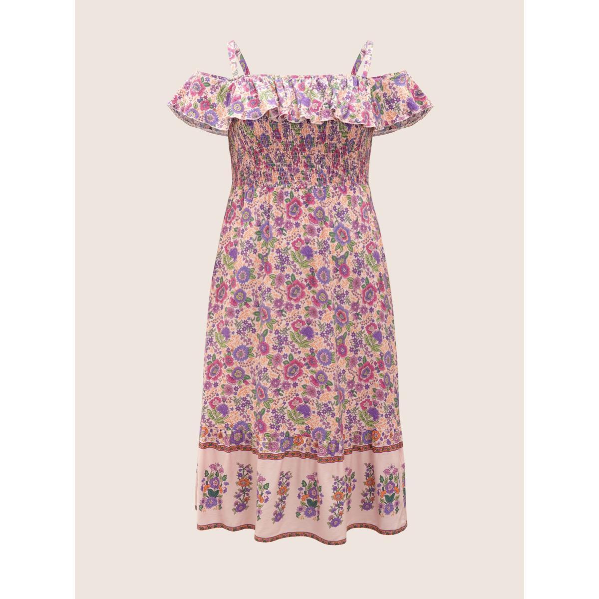 Plus Size Floral Cold Shoulder Ruffles Shirred Dress Pink Women Resort Shirred Non Short sleeve Curvy Midi Dress BloomChic 18-20/2X Product Image