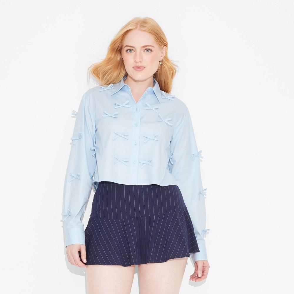 Womens Long Sleeve Cropped Bow Button-Down Shirt - Wild Fable Light Blue XL Product Image