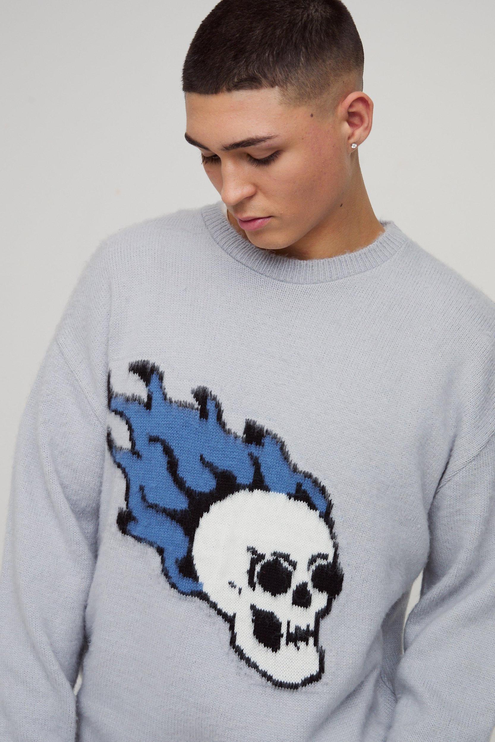 Oversized Skull Graphic Fluffy Knitted Sweater | boohooMAN USA Product Image
