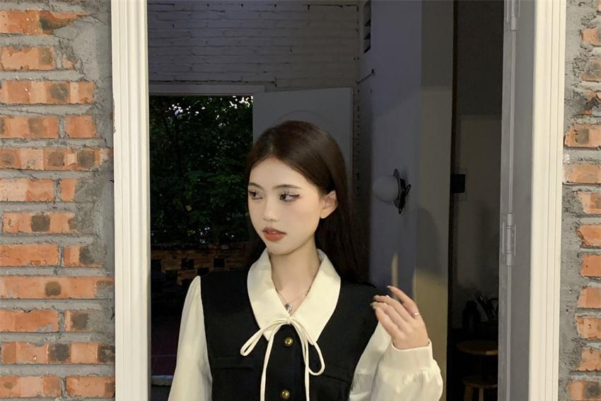Mock Two-Piece Long-Sleeve Two Tone Mini A-Line Dress Product Image