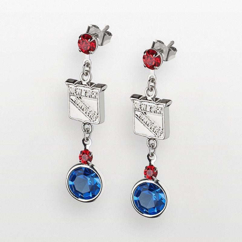 LogoArt New York Rangers Silver Tone Crystal Logo Linear Drop Earrings, Women's Product Image