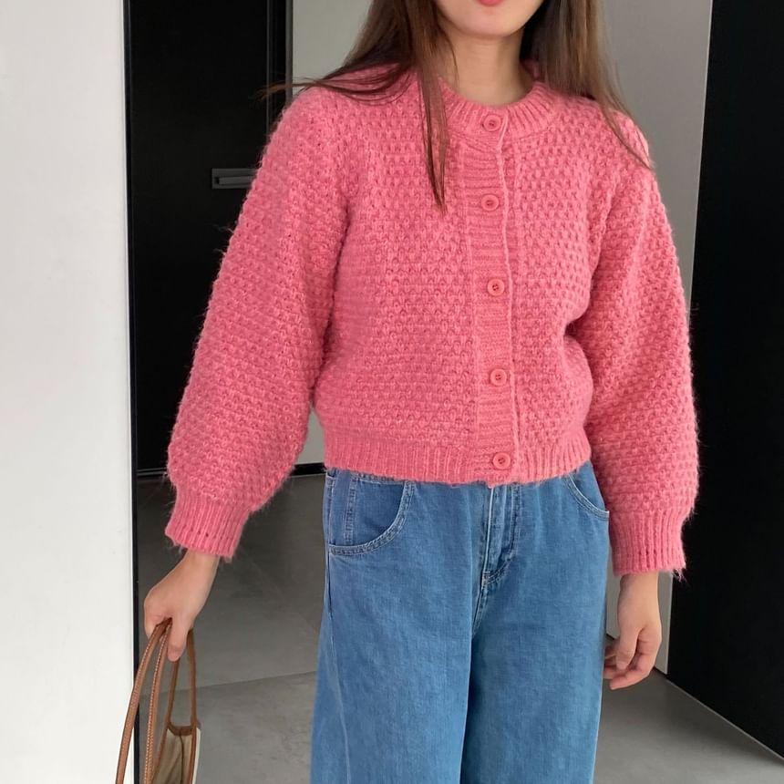 Crew Neck Plain Textured Crop Cardigan Product Image