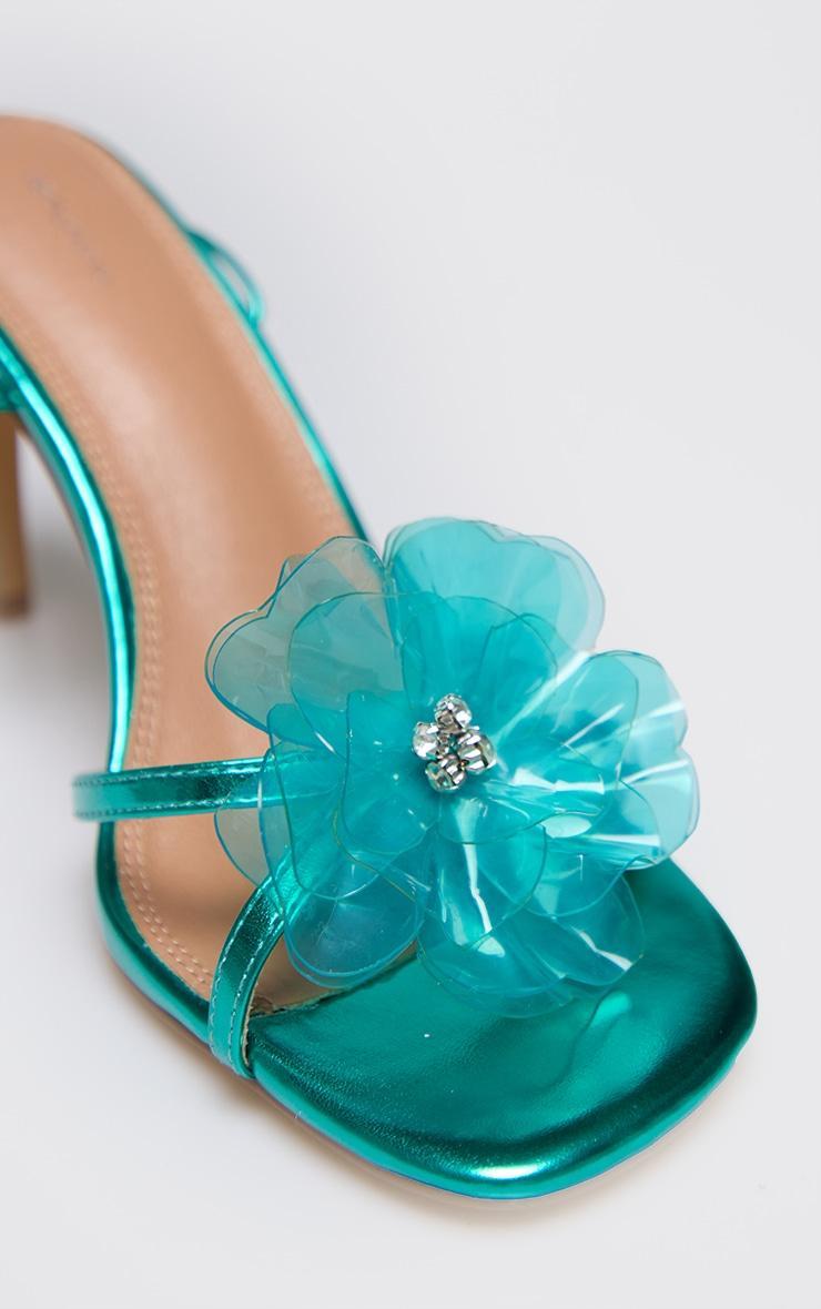 Turquoise Metallic Pu Flower Lace Up Heeled Sandals Product Image