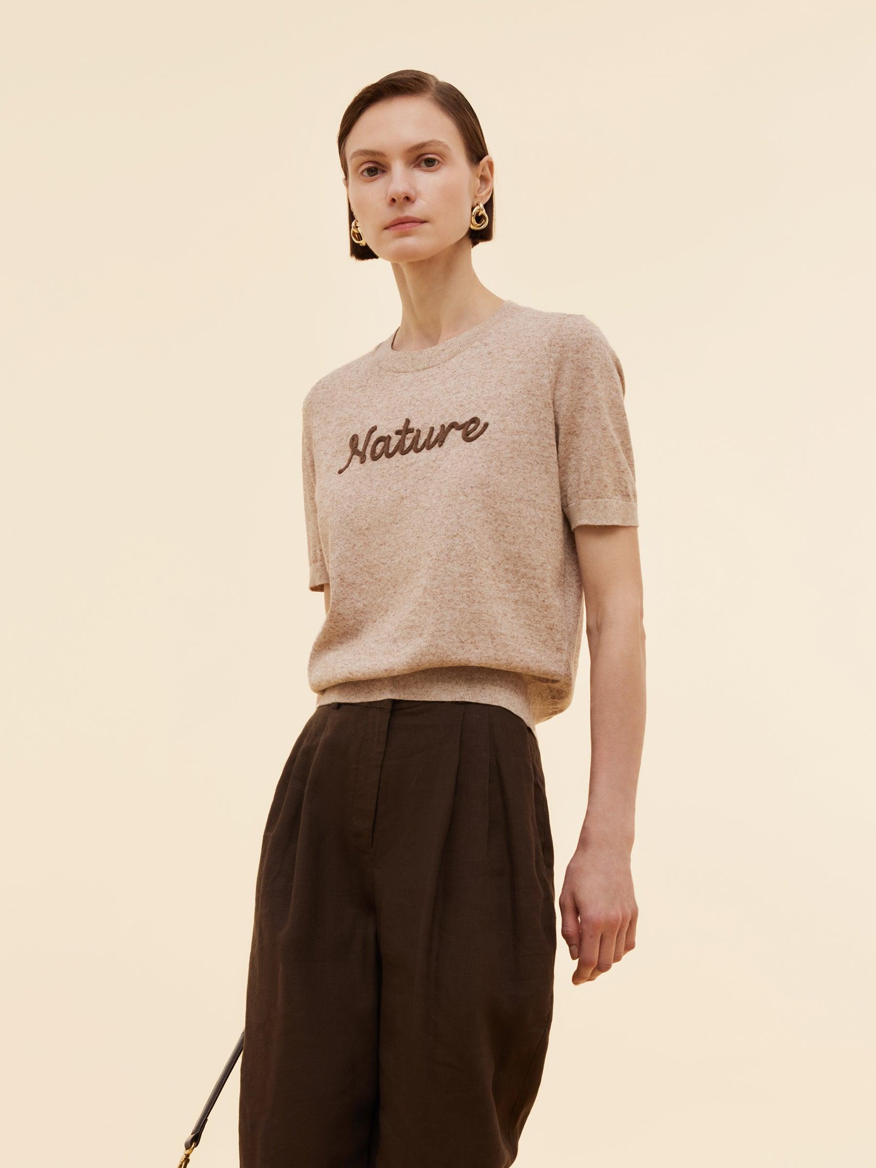 Linen Blend Letter Embroidered Women Knit Top Product Image