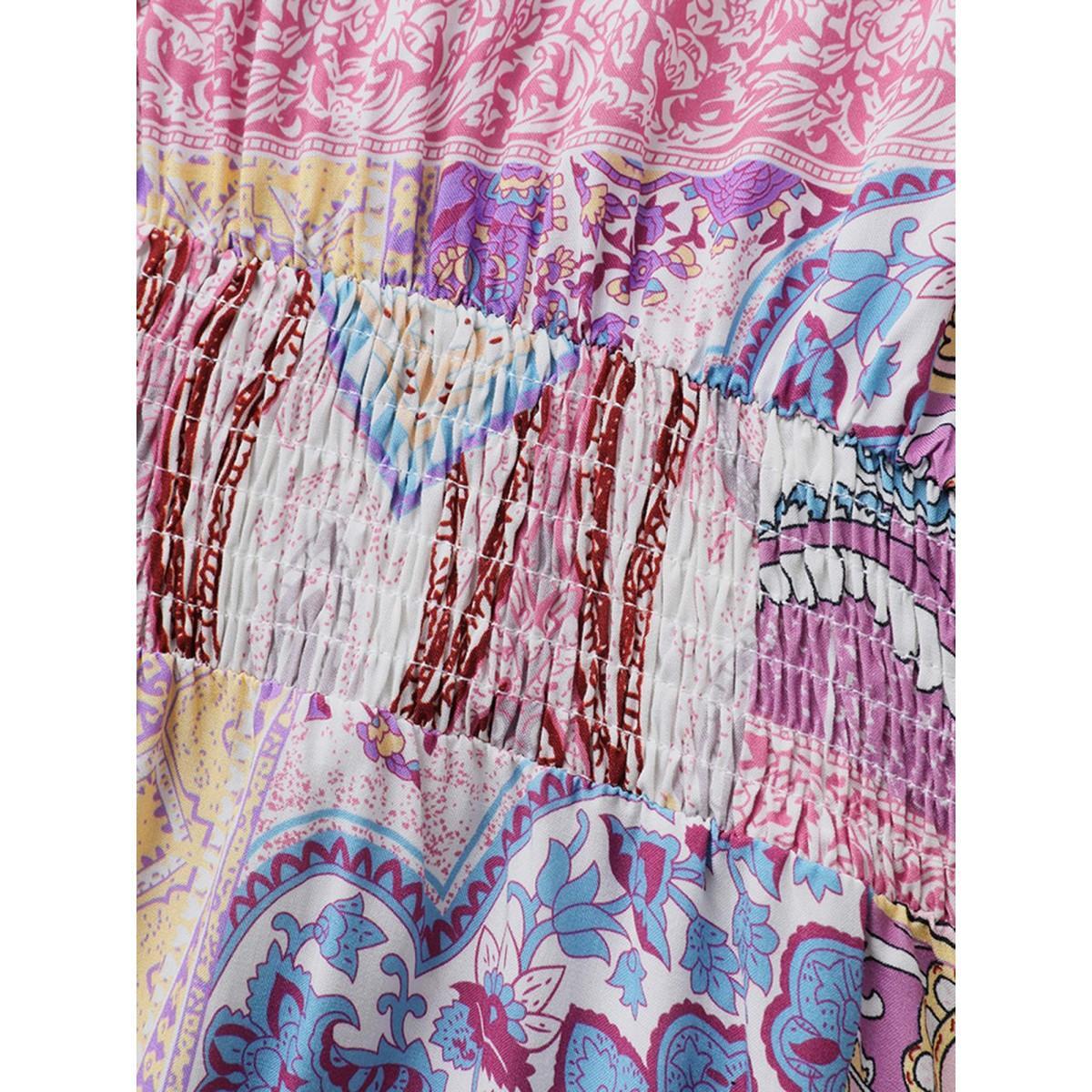 Plus Size Boho Collage Off-Shoulder Maxi Dress Multicolor Women Deep V-neck Short sleeve Curvy BloomChic 10/M Product Image