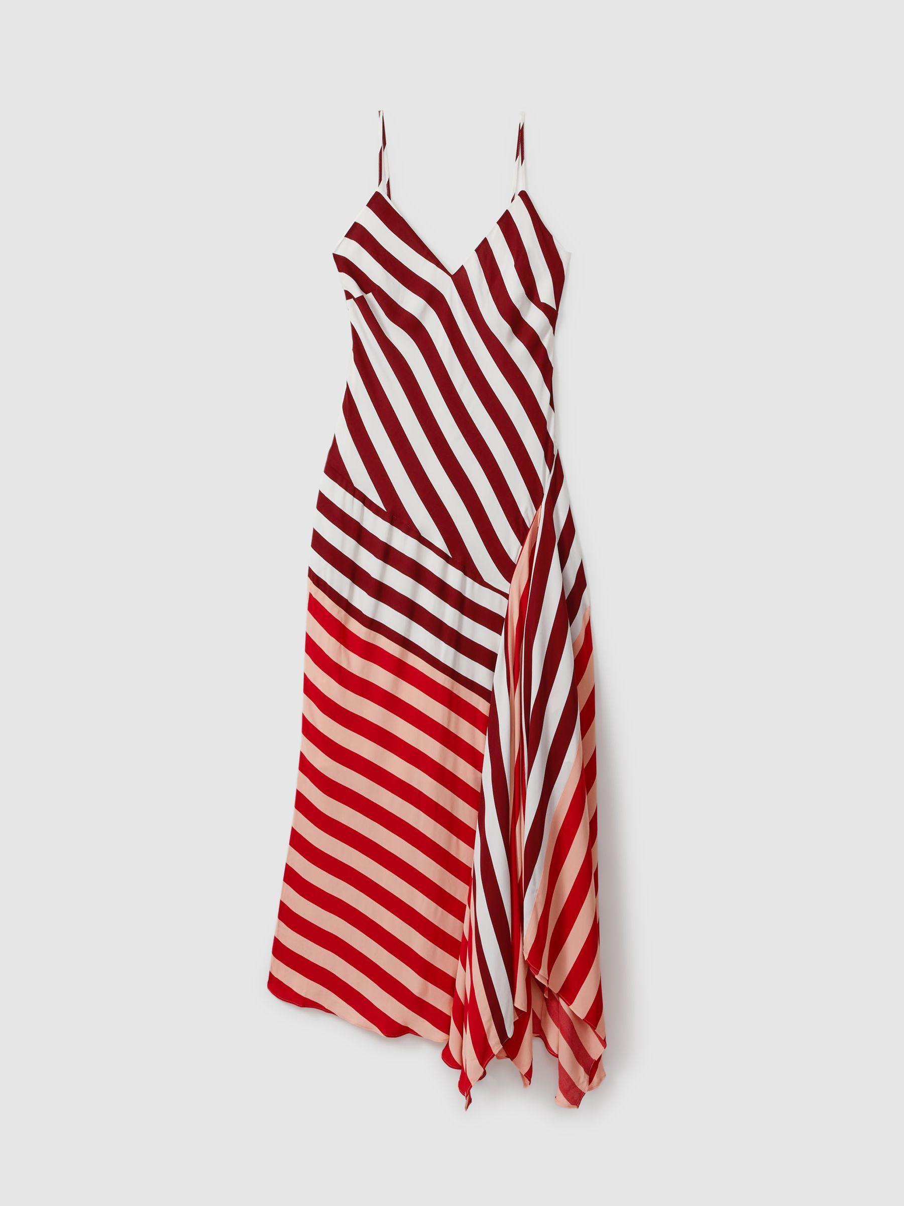 Colourblock Stripe Asymmetric Midi Dress in Burgundy/Off White Product Image