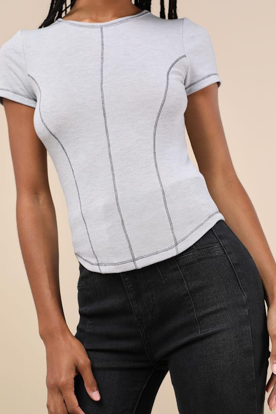 Flawless Fit Heathered Light Grey Seamed Short Sleeve Top Product Image