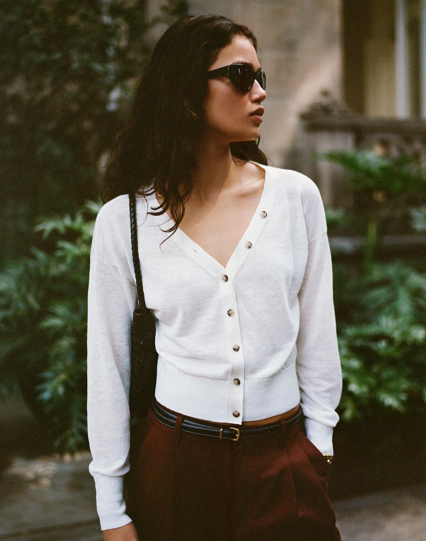 Linen-Blend V-Neck Cardigan Product Image
