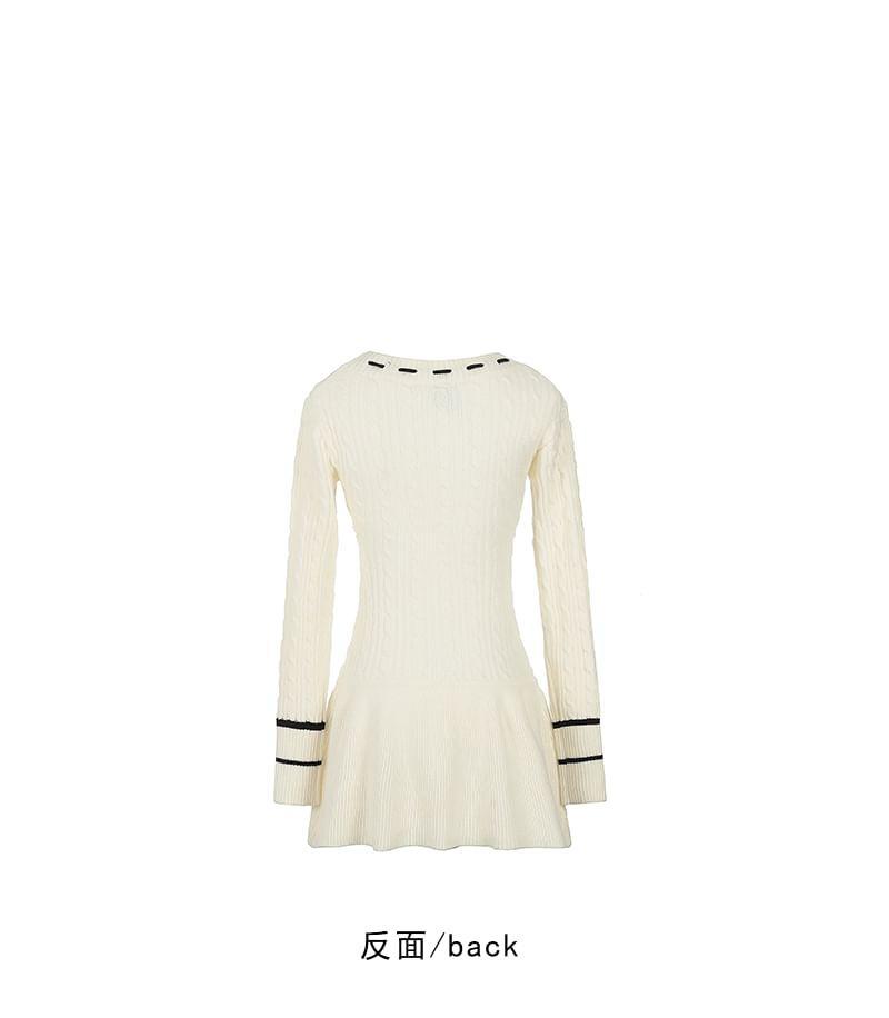 Long Sleeve Round Neck Striped Lettering Embroidered Cable Knit Mini A-Line Dress Product Image