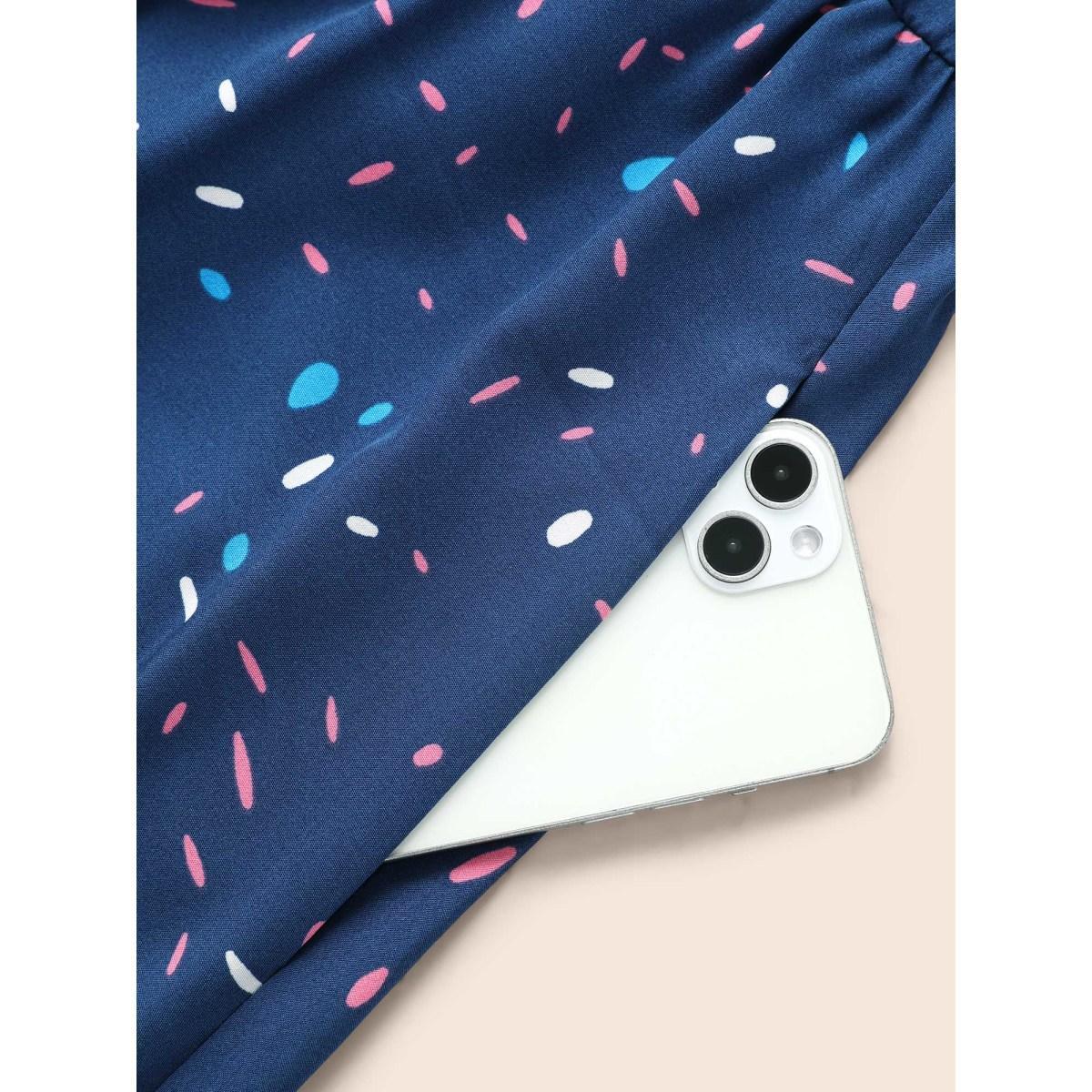 Plus Size Split Neck Confetti Print Midi Dress DarkBlue Women Elegant Belted Notched collar Short sleeve Curvy BloomChic 10/M Product Image