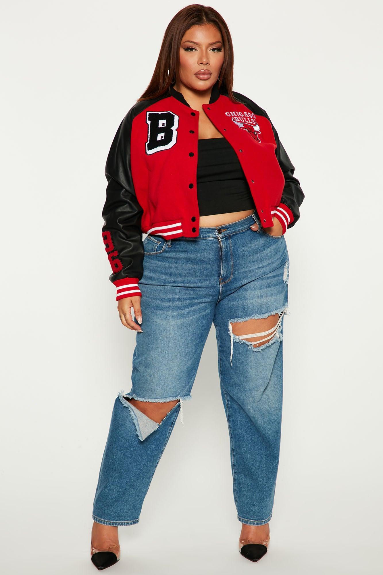 Bulls Cropped Letterman Jacket - Red/Black Product Image