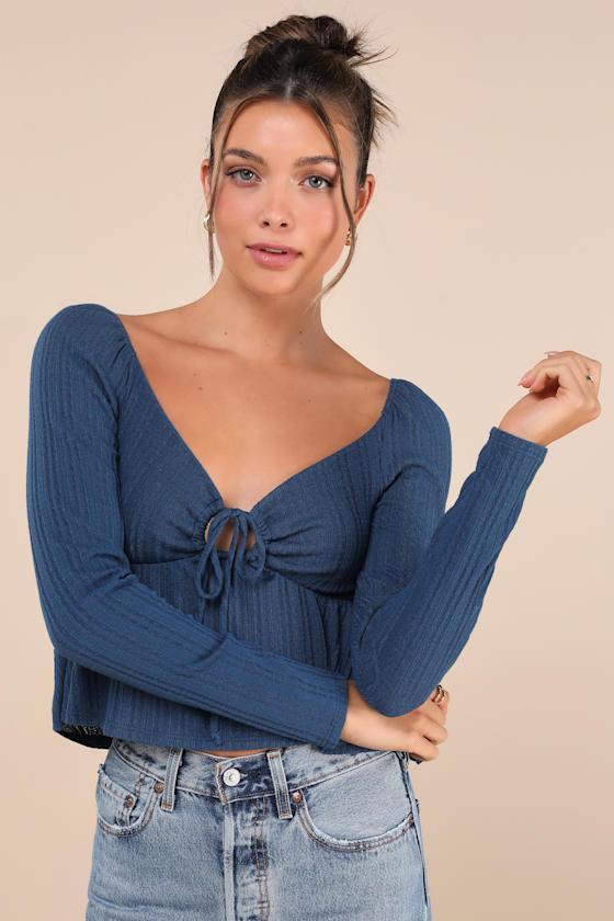 Impressively Charming Dark Blue Tie-Front Long Sleeve Top Product Image