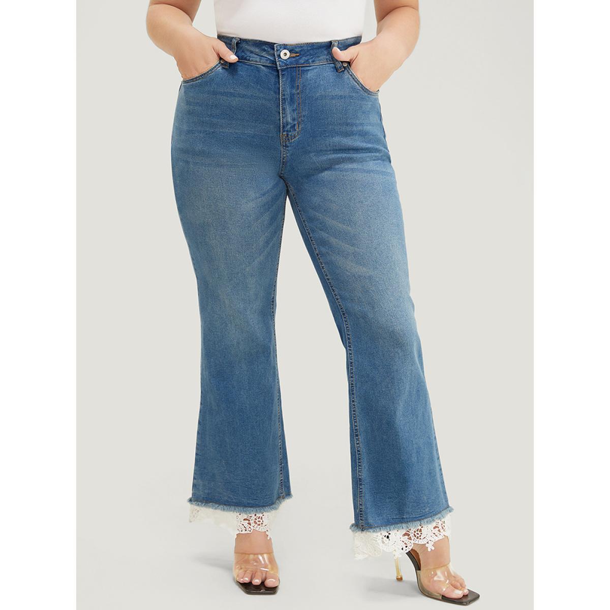 Plus Size Slightly Stretchy High Rise Dark Wash Lace Hem Jeans Women Stone Casual Plain Pocket Low stretch Pocket Jeans BloomChic 14/1X Product Image