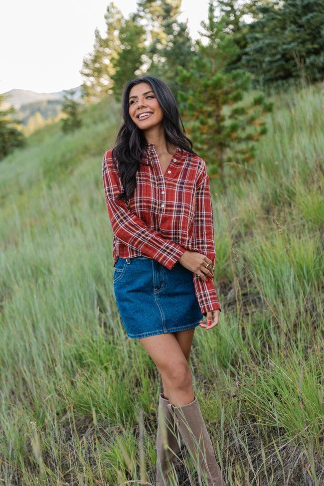Most Wanted Rust Plaid Woven Blouse FINAL SALE Product Image