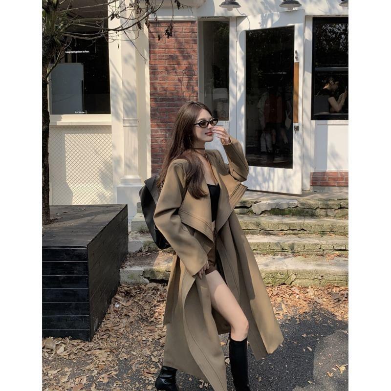 Lapel Collar Plain Sashed Midi Trench Coat Product Image