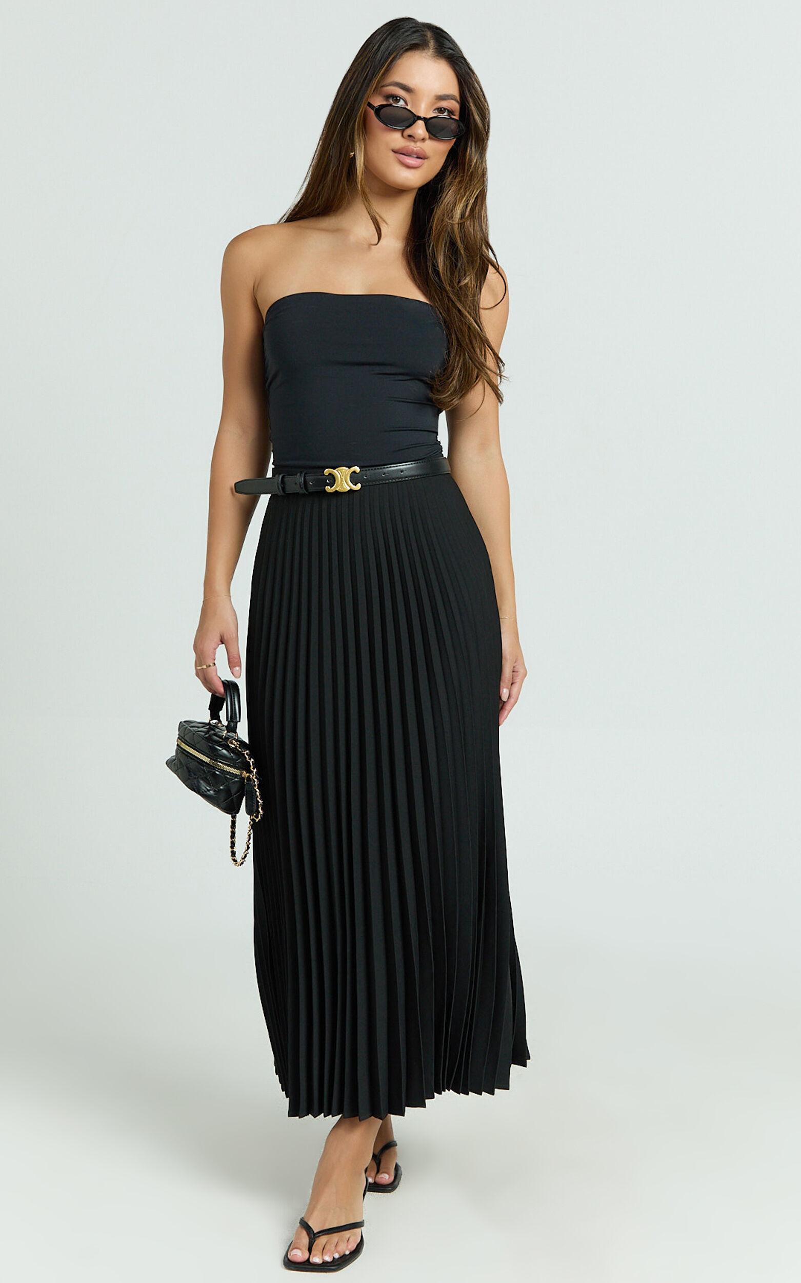 Harlee Midi Skirt - Pleated High Waist A Line Skirt in Black Product Image