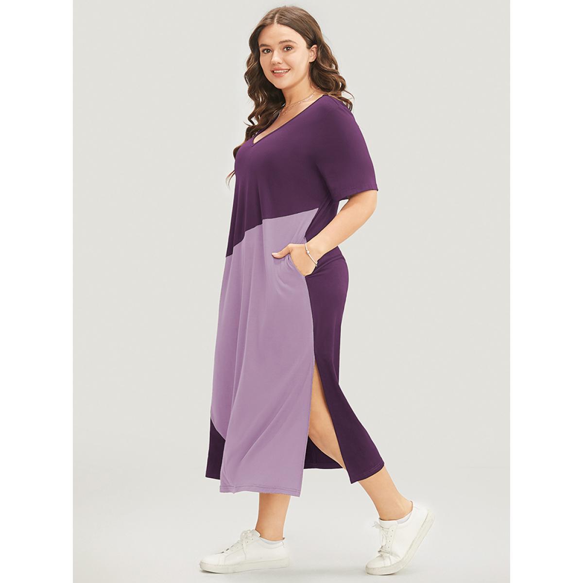 Plus Size Colorblock Contrast V Neck Pocket Split Hem Dress Eggplant Women Casual Contrast V-neck Short sleeve Curvy Midi Dress BloomChic 18-20/2X Product Image