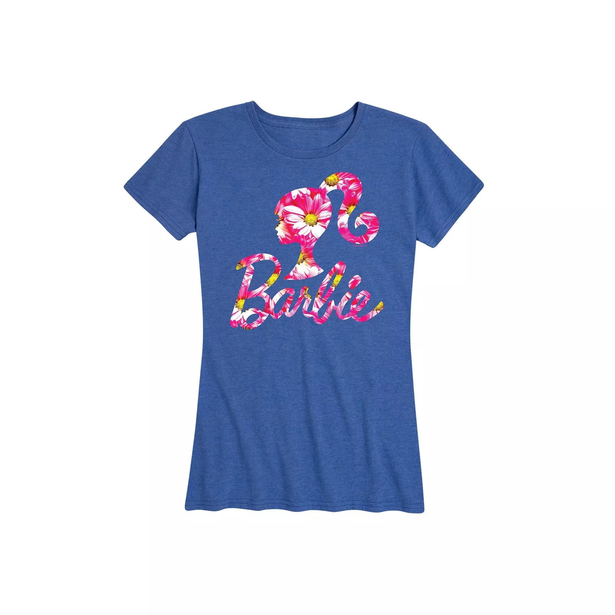 Womens Barbie Logo Pink Daisy Pattern Graphic Tee Grey Royal Blue Product Image