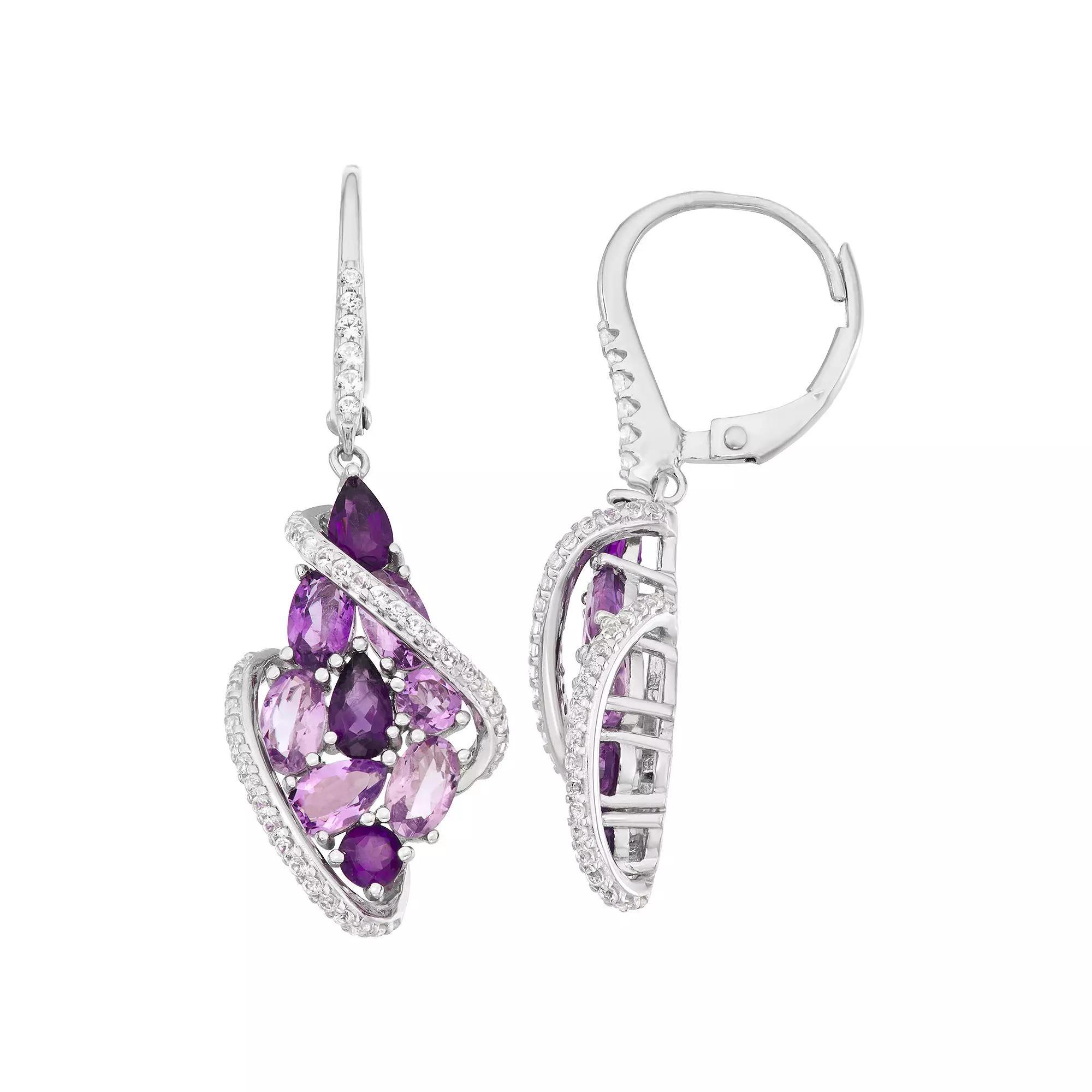 Sterling Silver Amethyst & Lab-Created White Sapphire Cluster Floral Earrings, Women's Product Image